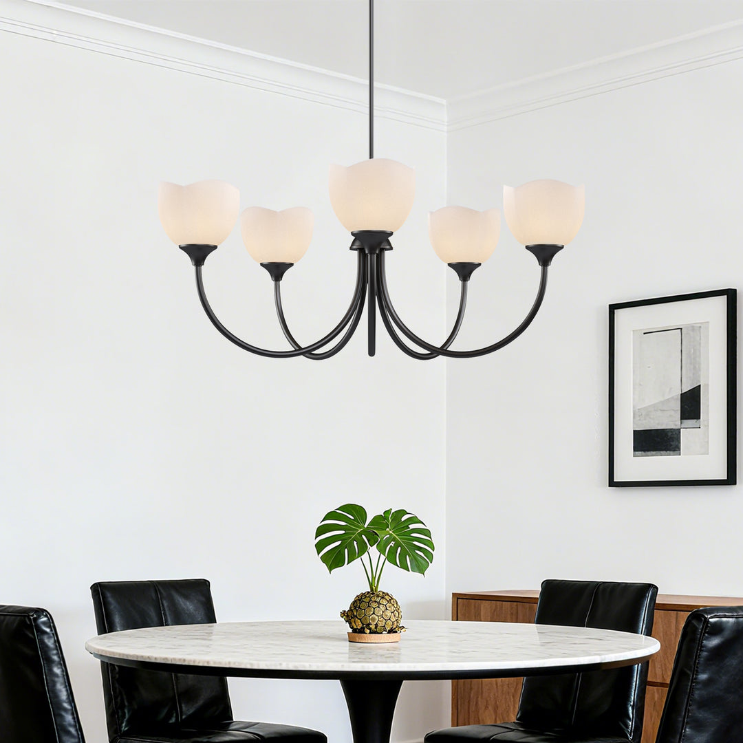 Twilight 5 - Light 33" Frosted Glass Modern/Traditional Chandelier With Flower Shade For Dining Room #P39012
