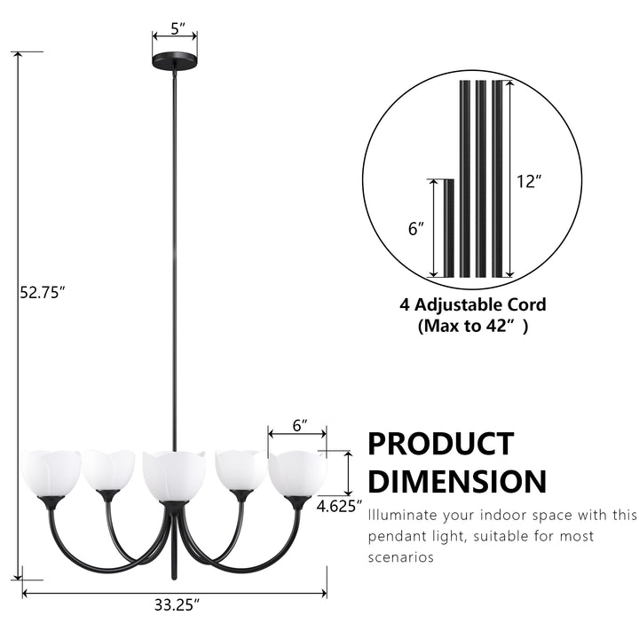 Twilight 5 - Light 33" Frosted Glass Modern/Traditional Chandelier With Flower Shade For Dining Room #P39012