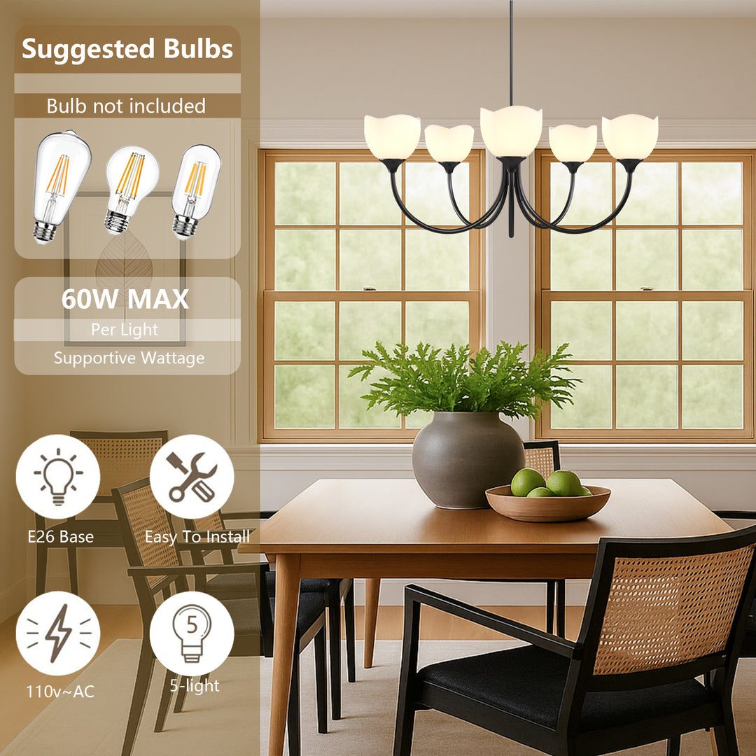 Twilight 5 - Light 33" Frosted Glass Modern/Traditional Chandelier With Flower Shade For Dining Room #P39012