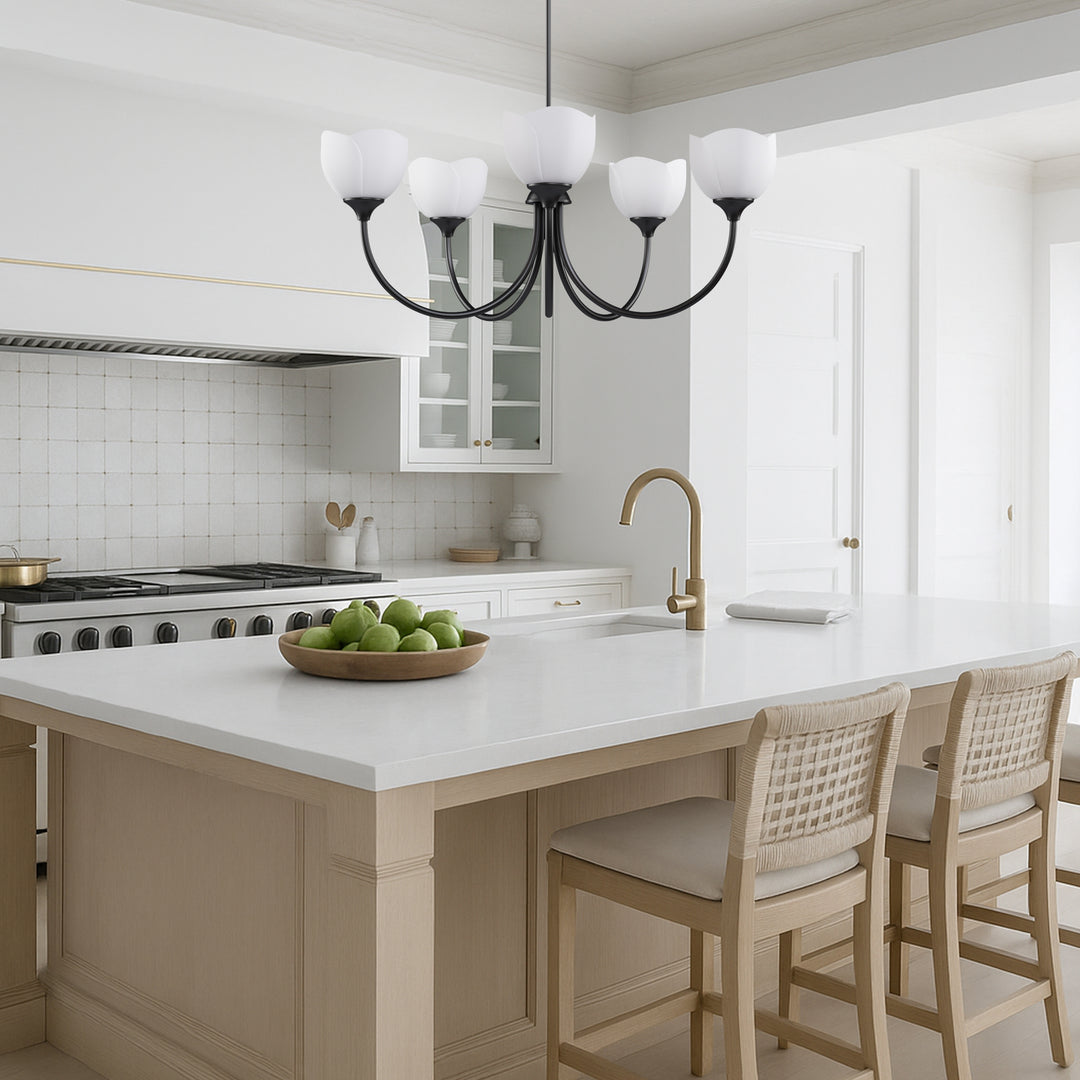 Twilight 5 - Light 33" Frosted Glass Modern/Traditional Chandelier With Flower Shade For Dining Room #P39012