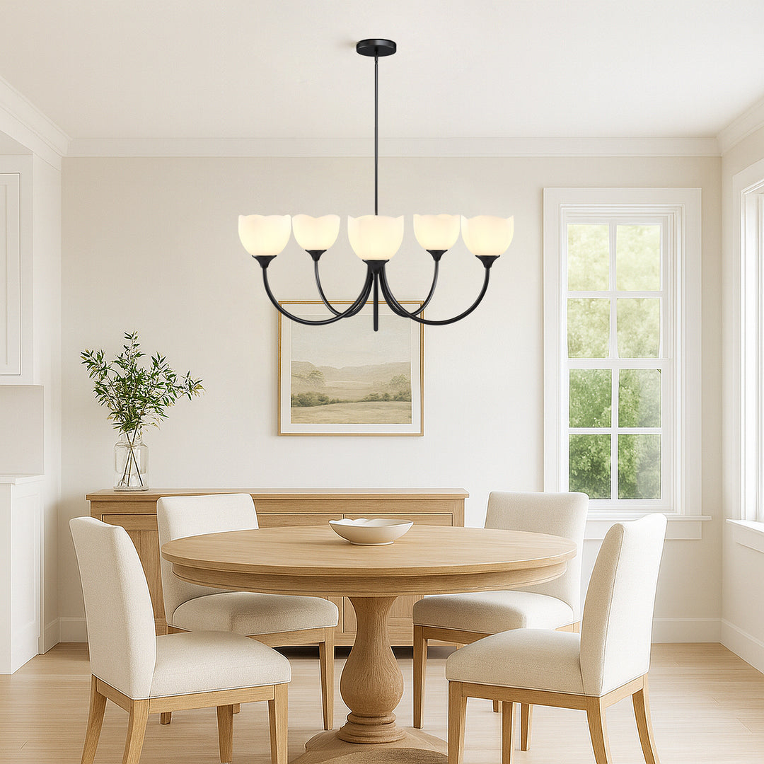 Twilight 5 - Light 33" Frosted Glass Modern/Traditional Chandelier With Flower Shade For Dining Room #P39012