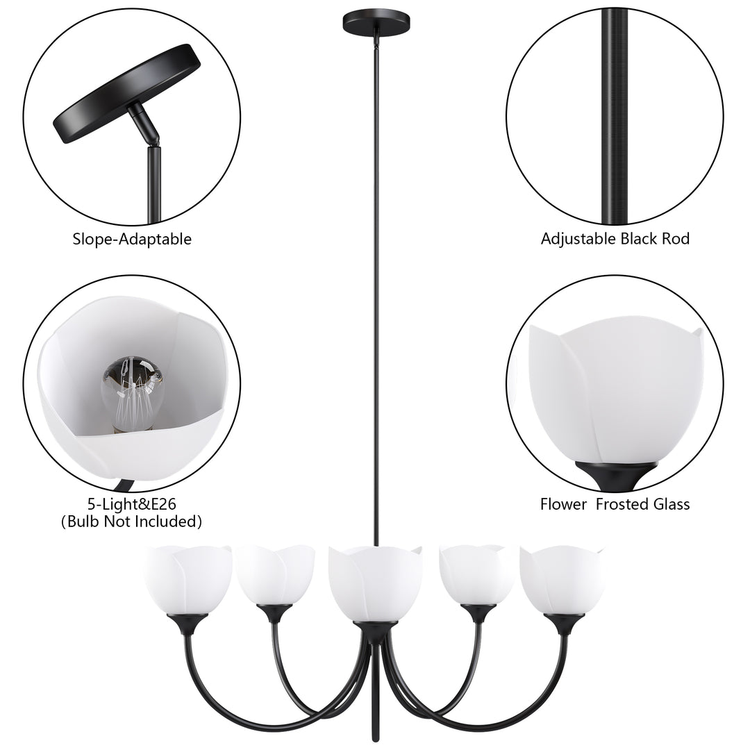Twilight 5 - Light 33" Frosted Glass Modern/Traditional Chandelier With Flower Shade For Dining Room #P39012
