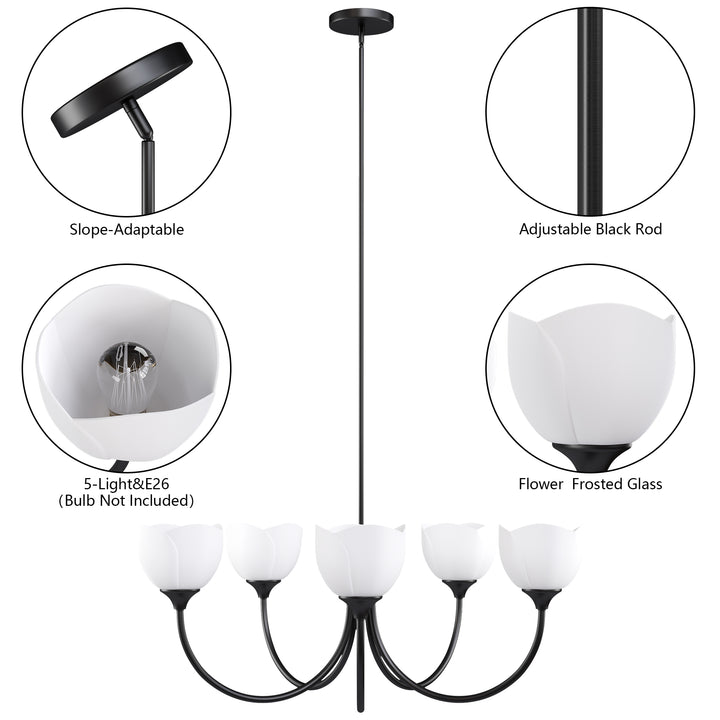 Twilight 5 - Light 33" Frosted Glass Modern/Traditional Chandelier With Flower Shade For Dining Room #P39012