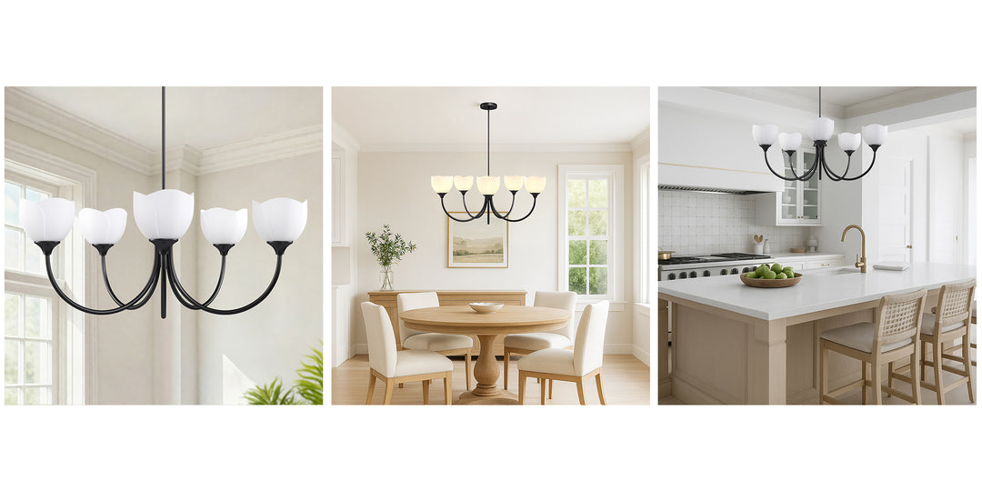 Twilight 5 - Light 33" Frosted Glass Modern/Traditional Chandelier With Flower Shade For Dining Room #P39012