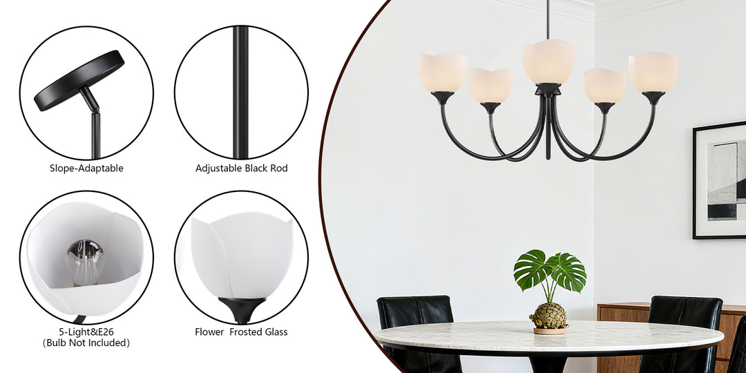Twilight 5 - Light 33" Frosted Glass Modern/Traditional Chandelier With Flower Shade For Dining Room #P39012