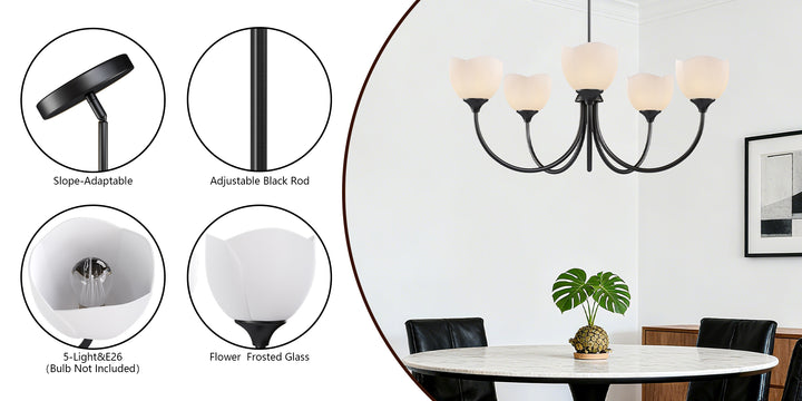 Twilight 5 - Light 33" Frosted Glass Modern/Traditional Chandelier With Flower Shade For Dining Room #P39012