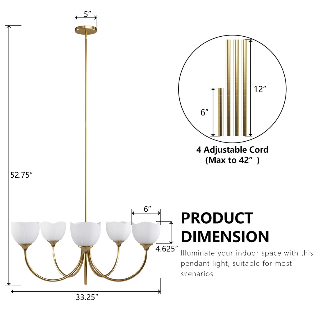 Twilight 5 - Light 33" Frosted Glass Modern/Traditional Chandelier With Flower Shade For Dining Room #P39012