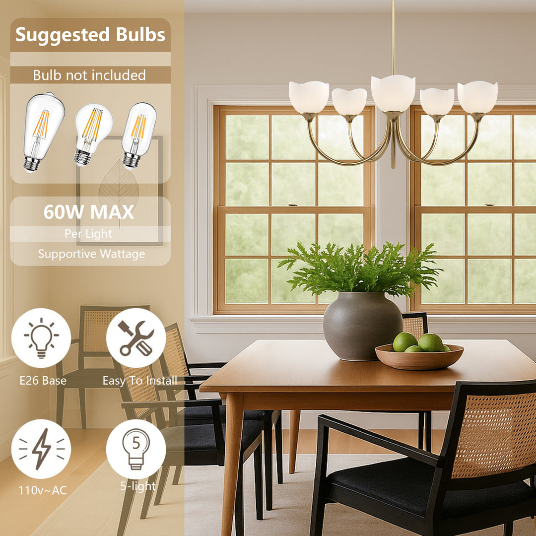 Twilight 5 - Light 33" Frosted Glass Modern/Traditional Chandelier With Flower Shade For Dining Room #P39012