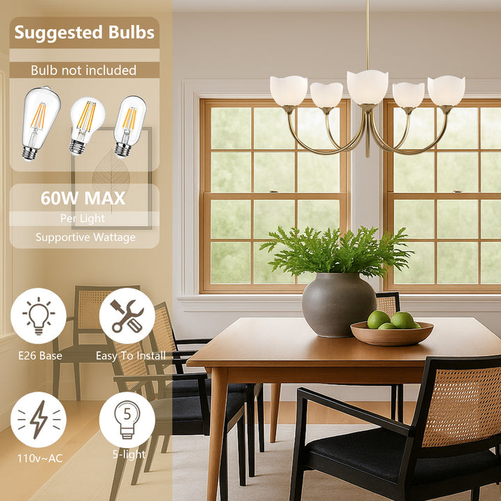 Twilight 5 - Light 33" Frosted Glass Modern/Traditional Chandelier With Flower Shade For Dining Room #P39012