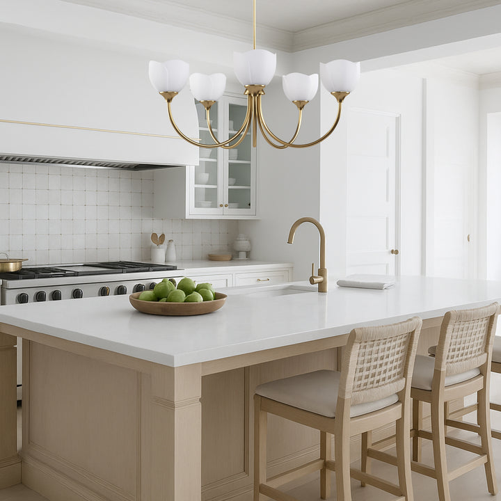 Twilight 5 - Light 33" Frosted Glass Modern/Traditional Chandelier With Flower Shade For Dining Room #P39012