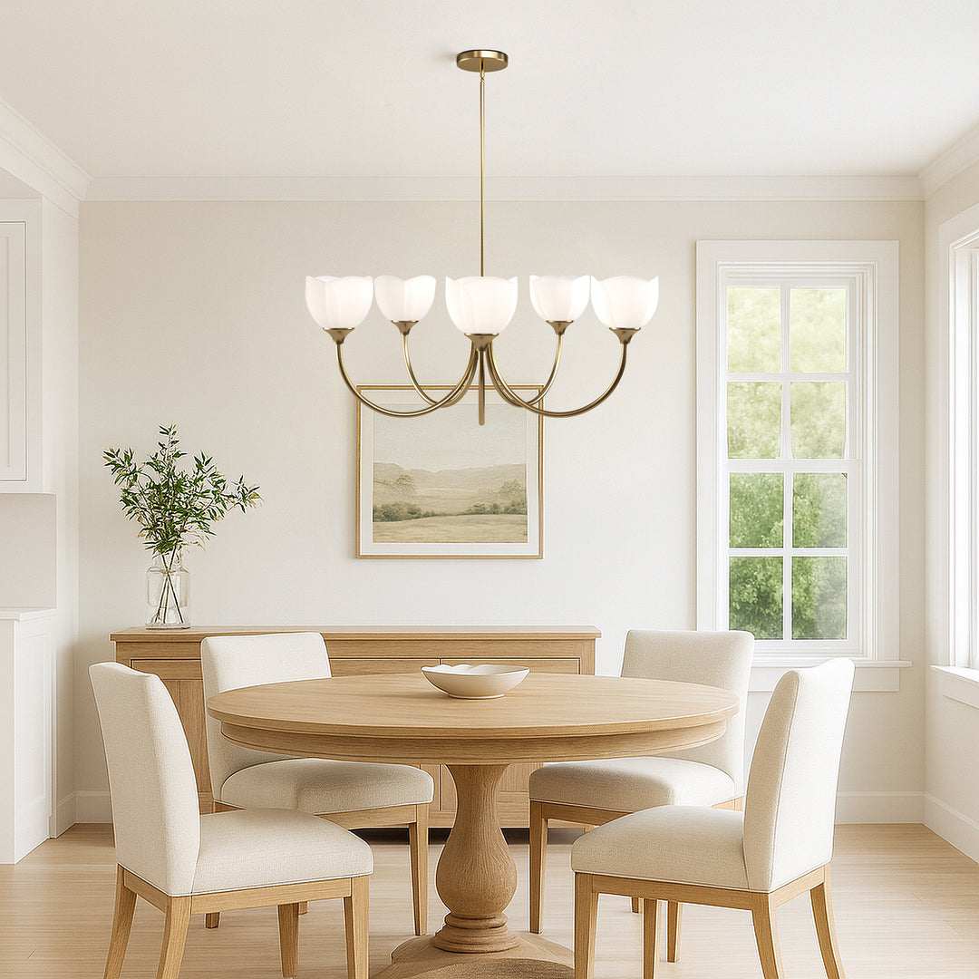 Twilight 5 - Light 33" Frosted Glass Modern/Traditional Chandelier With Flower Shade For Dining Room #P39012