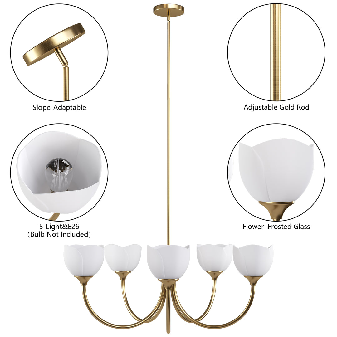 Twilight 5 - Light 33" Frosted Glass Modern/Traditional Chandelier With Flower Shade For Dining Room #P39012
