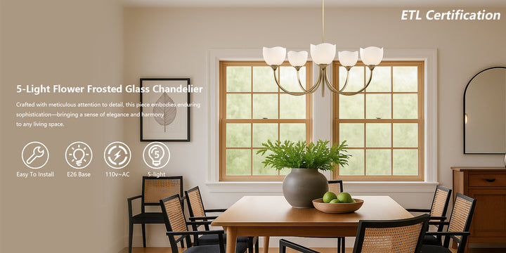 Twilight 5 - Light 33" Frosted Glass Modern/Traditional Chandelier With Flower Shade For Dining Room #P39012
