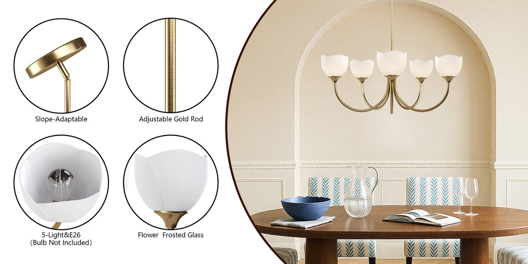 Twilight 5 - Light 33" Frosted Glass Modern/Traditional Chandelier With Flower Shade For Dining Room #P39012