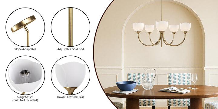 Twilight 5 - Light 33" Frosted Glass Modern/Traditional Chandelier With Flower Shade For Dining Room #P39012