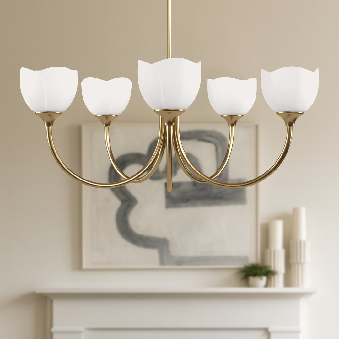 Twilight 5 - Light 33" Frosted Glass Modern/Traditional Chandelier With Flower Shade For Dining Room #P39012