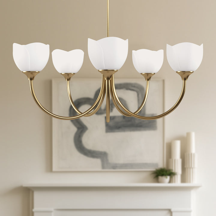 Twilight 5 - Light 33" Frosted Glass Modern/Traditional Chandelier With Flower Shade For Dining Room #P39012