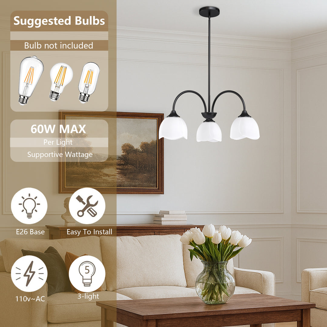 Twilight 3-light 23.9'' Dimmable Frosted Glass Modern/traditional Chandelier With Flower Shade For Dining Room #P39013