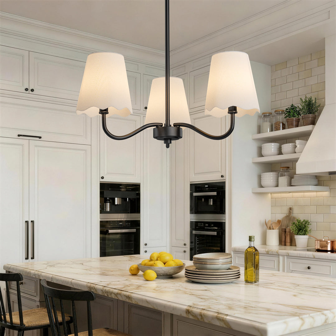 Twilight 3-light 21"W Matte Black Modern Spider Chandelier with Linen Shades for Dining Room or Kitchen Island #39017