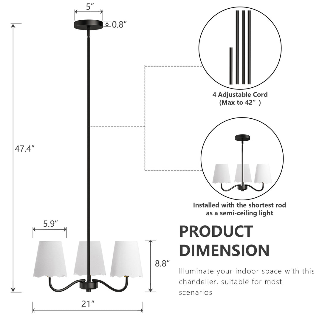 Twilight 3-light 21"W Matte Black Modern Spider Chandelier with Linen Shades for Dining Room or Kitchen Island #39017