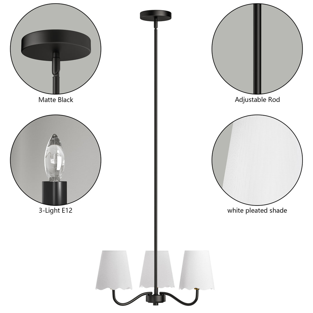 Twilight 3-light 21"W Matte Black Modern Spider Chandelier with Linen Shades for Dining Room or Kitchen Island #39017