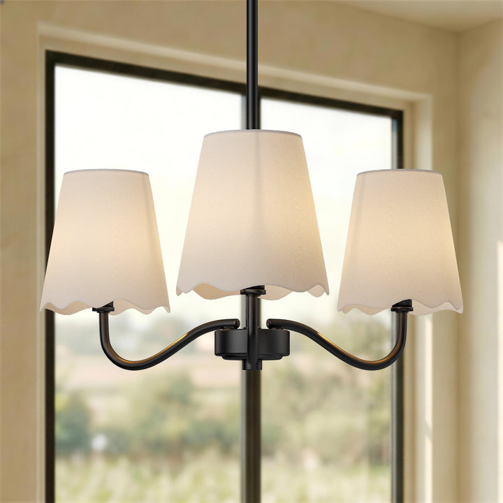 Twilight 3-light 21"W Matte Black Modern Spider Chandelier with Linen Shades for Dining Room or Kitchen Island #39017