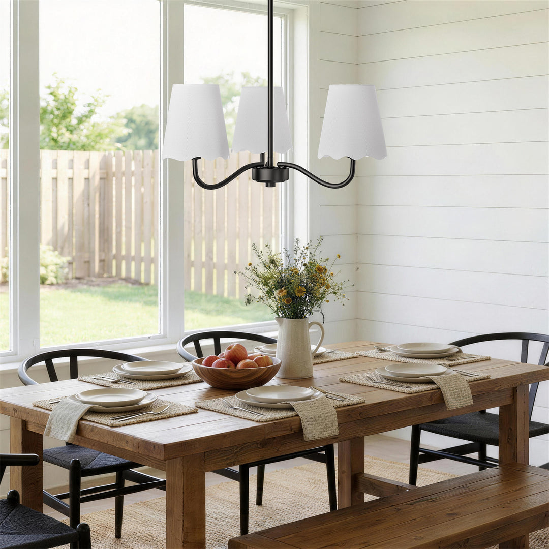 Twilight 3-light 21"W Matte Black Modern Spider Chandelier with Linen Shades for Dining Room or Kitchen Island #39017