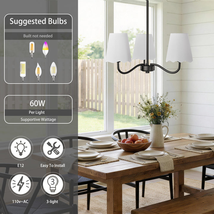 Twilight 3-light 21"W Matte Black Modern Spider Chandelier with Linen Shades for Dining Room or Kitchen Island #39017