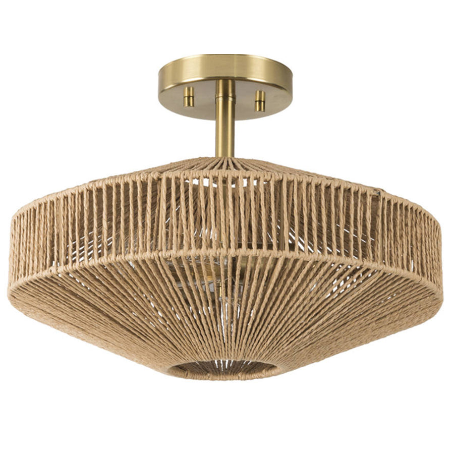 Shine 16" 2-Light Coastal Handwoven Rattan Brushed Brass Beige Drum Semi-Flush Mount For Bedroom/Hallways #53001