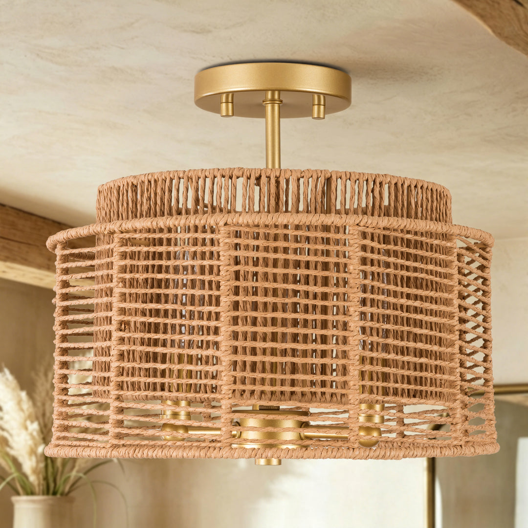 13''-3 Lights Brushed Gold Boho/Natural Farmhouse Paper Rope Unique / Statement Dimmabled ETL Semi-Flush Mount For Bedroom/Bedroom/Hallways/Entryway #P53002