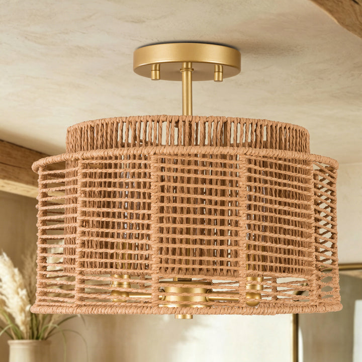 13''-3 Lights Brushed Gold Boho/Natural Farmhouse Paper Rope Unique / Statement Dimmabled ETL Semi-Flush Mount For Bedroom/Bedroom/Hallways/Entryway #P53002