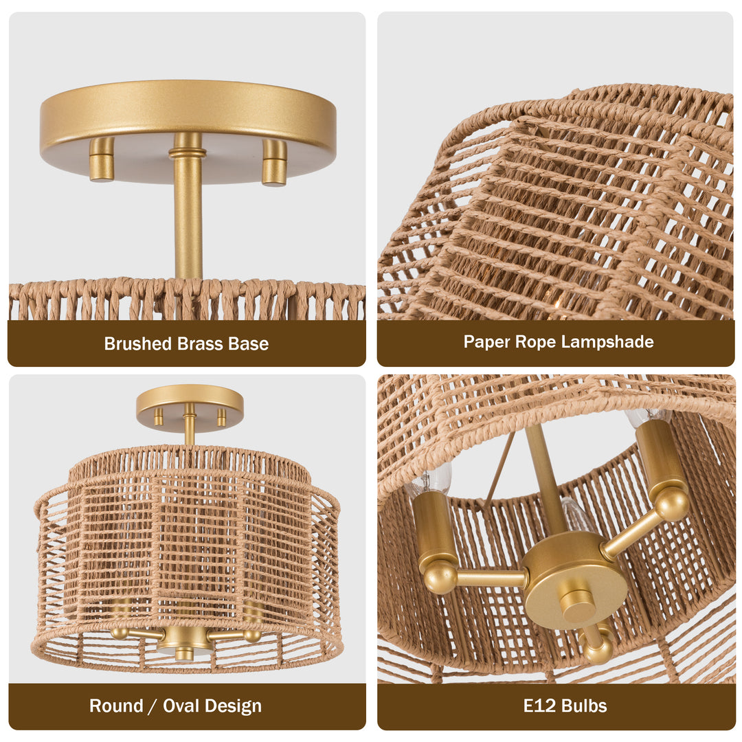13''-3 Lights Brushed Gold Boho/Natural Farmhouse Paper Rope Unique / Statement Dimmabled ETL Semi-Flush Mount For Bedroom/Bedroom/Hallways/Entryway #P53002