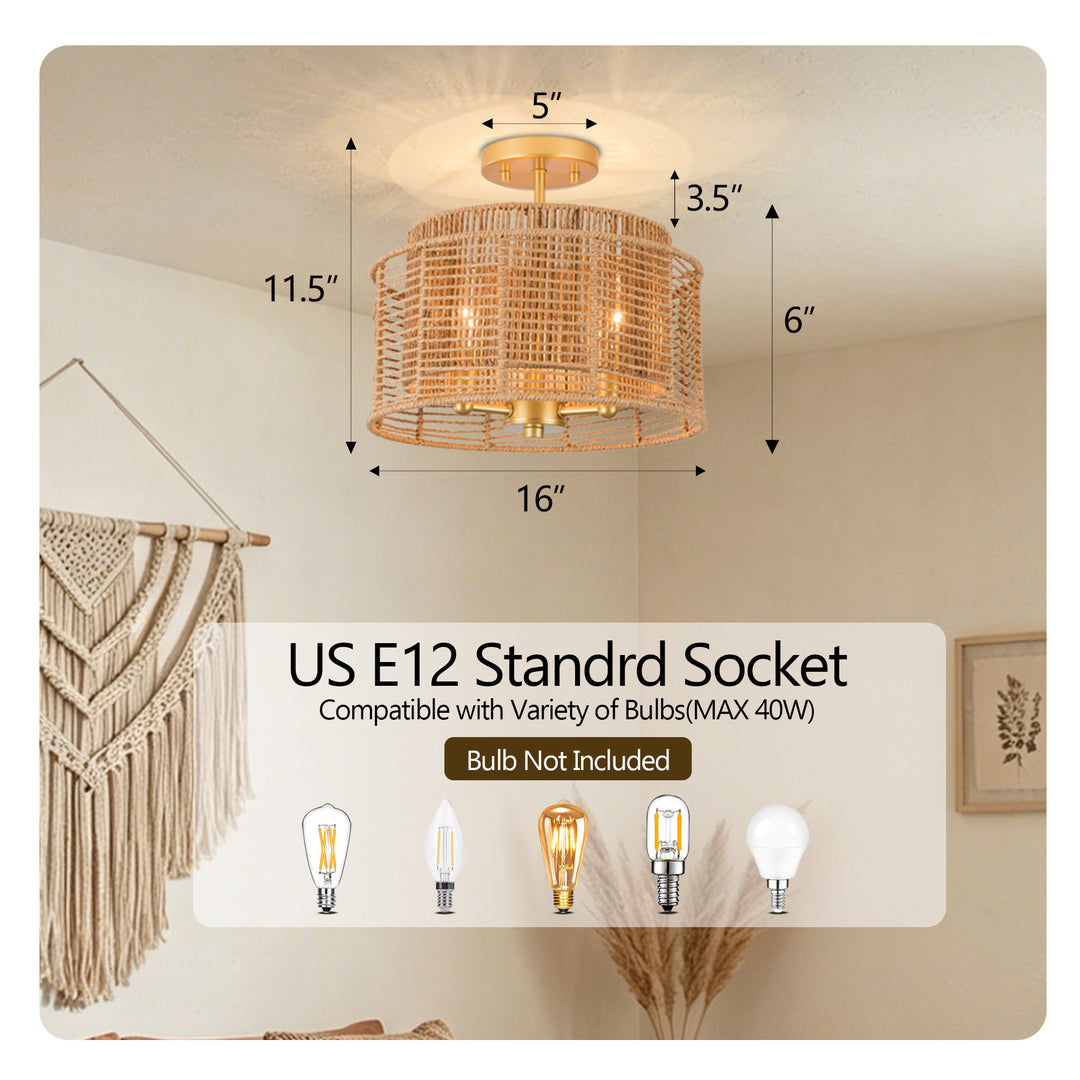 13''-3 Lights Brushed Gold Boho/Natural Farmhouse Paper Rope Unique / Statement Dimmabled ETL Semi-Flush Mount For Bedroom/Bedroom/Hallways/Entryway #P53002