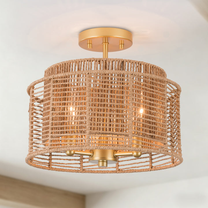 13''-3 Lights Brushed Gold Boho/Natural Farmhouse Paper Rope Unique / Statement Dimmabled ETL Semi-Flush Mount For Bedroom/Bedroom/Hallways/Entryway #P53002