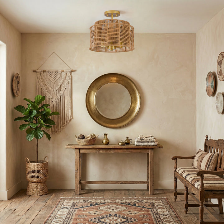 13''-3 Lights Brushed Gold Boho/Natural Farmhouse Paper Rope Unique / Statement Dimmabled ETL Semi-Flush Mount For Bedroom/Bedroom/Hallways/Entryway #P53002