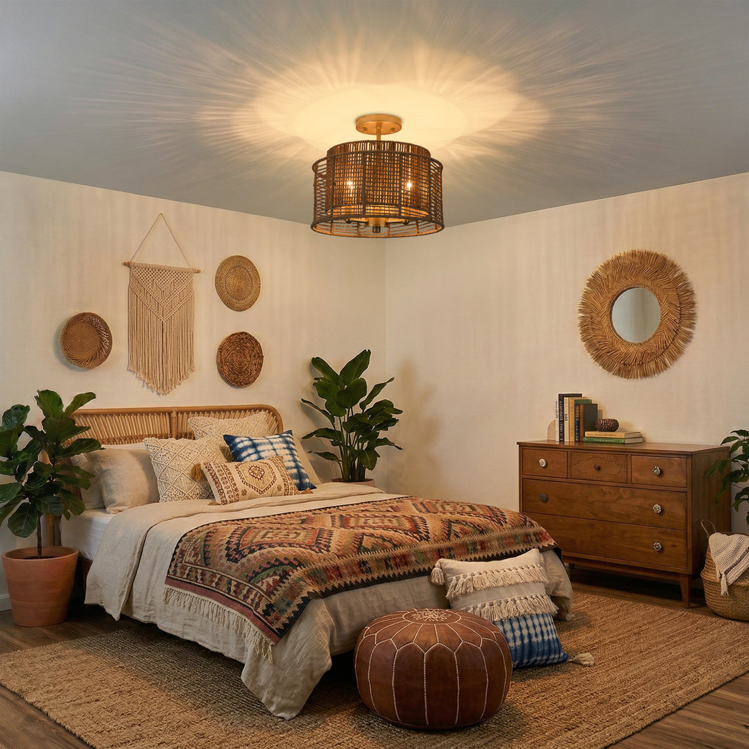 13''-3 Lights Brushed Gold Boho/Natural Farmhouse Paper Rope Unique / Statement Dimmabled ETL Semi-Flush Mount For Bedroom/Bedroom/Hallways/Entryway #P53002