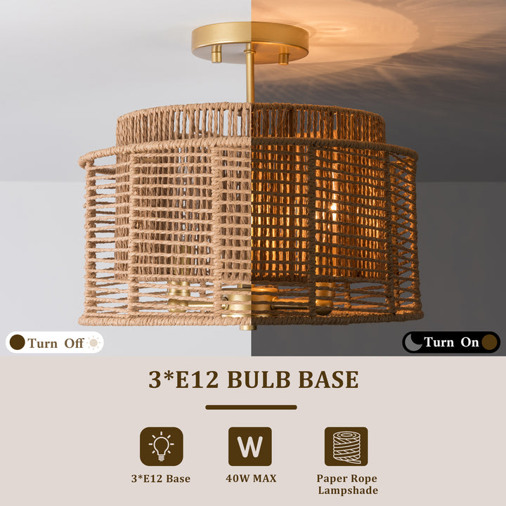 13''-3 Lights Brushed Gold Boho/Natural Farmhouse Paper Rope Unique / Statement Dimmabled ETL Semi-Flush Mount For Bedroom/Bedroom/Hallways/Entryway #P53002