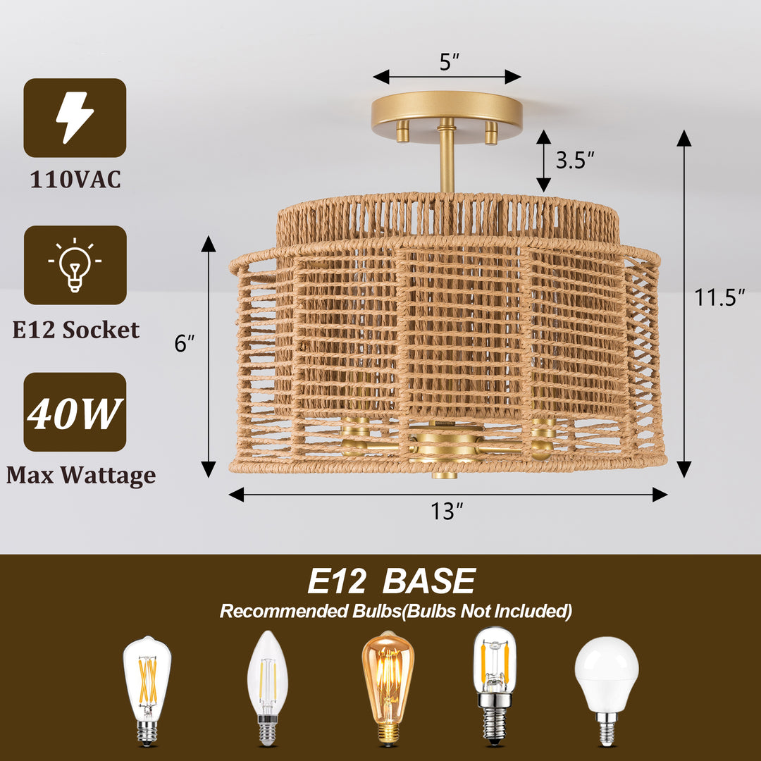 13''-3 Lights Brushed Gold Boho/Natural Farmhouse Paper Rope Unique / Statement Dimmabled ETL Semi-Flush Mount For Bedroom/Bedroom/Hallways/Entryway #P53002