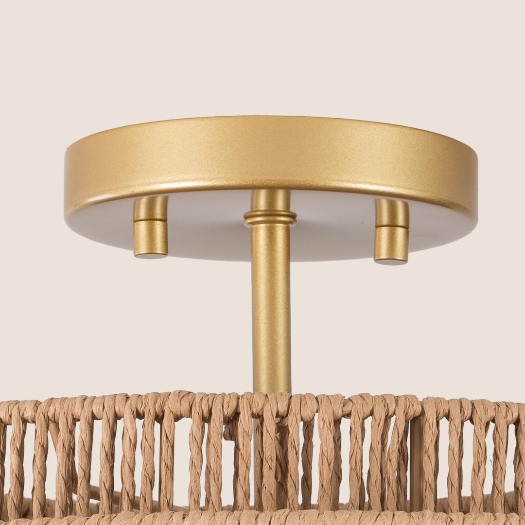 13''-3 Lights Brushed Gold Boho/Natural Farmhouse Paper Rope Unique / Statement Dimmabled ETL Semi-Flush Mount For Bedroom/Bedroom/Hallways/Entryway #P53002
