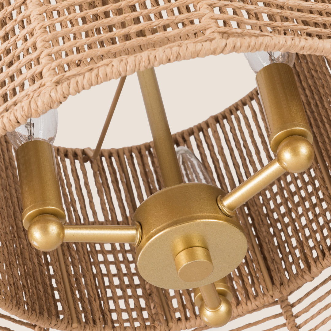 13''-3 Lights Brushed Gold Boho/Natural Farmhouse Paper Rope Unique / Statement Dimmabled ETL Semi-Flush Mount For Bedroom/Bedroom/Hallways/Entryway #P53002
