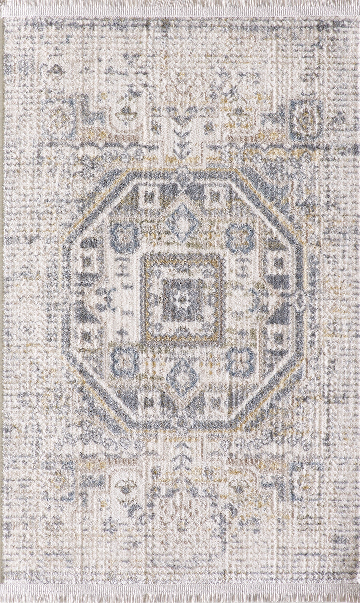 4modernhome BOHO Centre Geometry Medal Boho Turkish Rug with Fringe Cream/Navy blue/yellowish #TB01