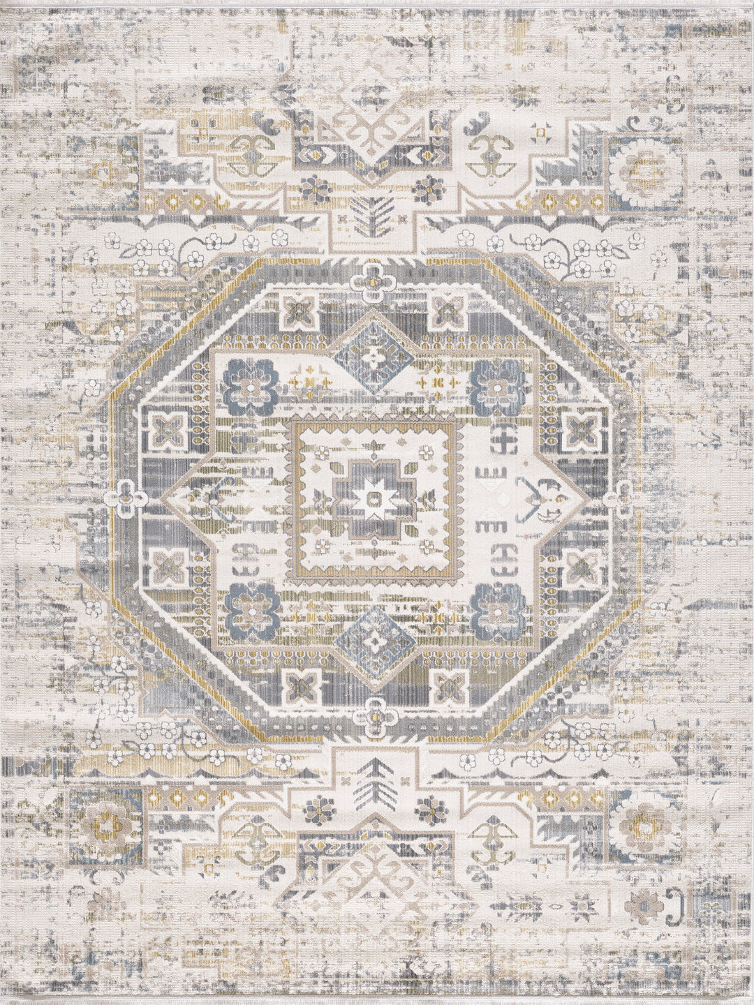 BOHO Centre Geometry Medal Boho Turkish Rug with Fringe Cream/Navy blue/yellowish