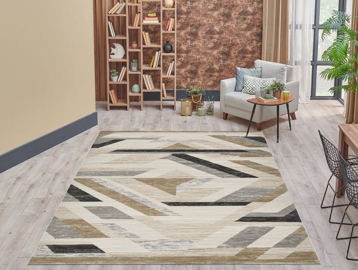 4modernhome Geometric Machine Woven Polypropylene Area Rug in Black/Beige/Gray #TM80