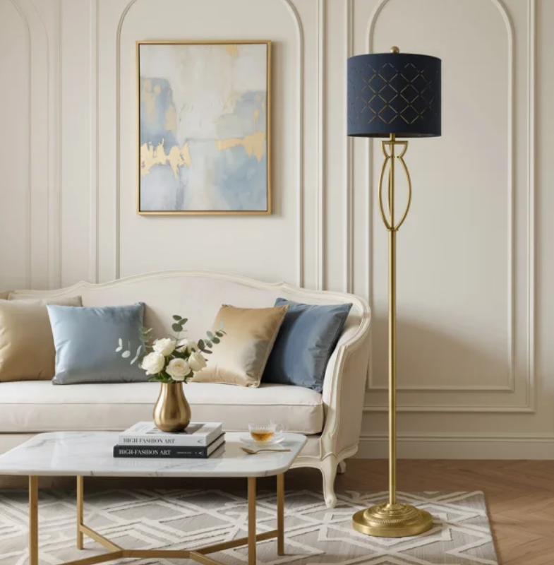 63" Modern Glam Metal Floor Lamp with Black Shade and Foot Switch #F274