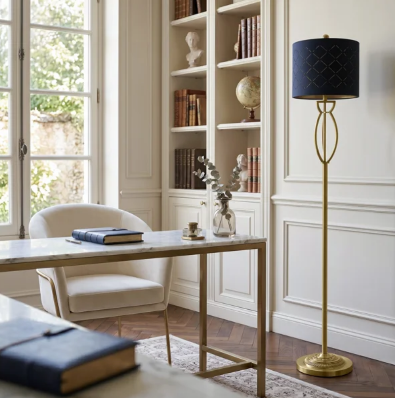 63" Modern Glam Metal Floor Lamp with Black Shade and Foot Switch #F274