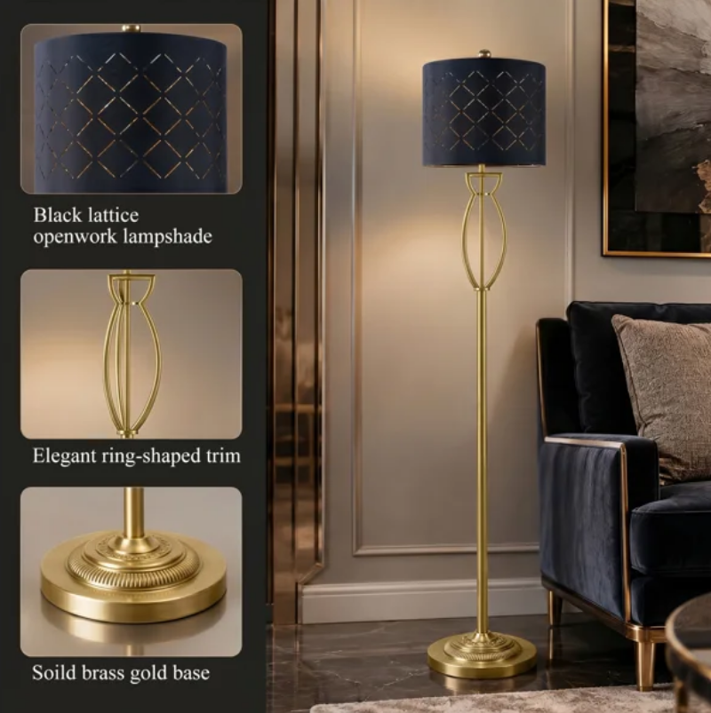 63" Modern Glam Metal Floor Lamp with Black Shade and Foot Switch #F274