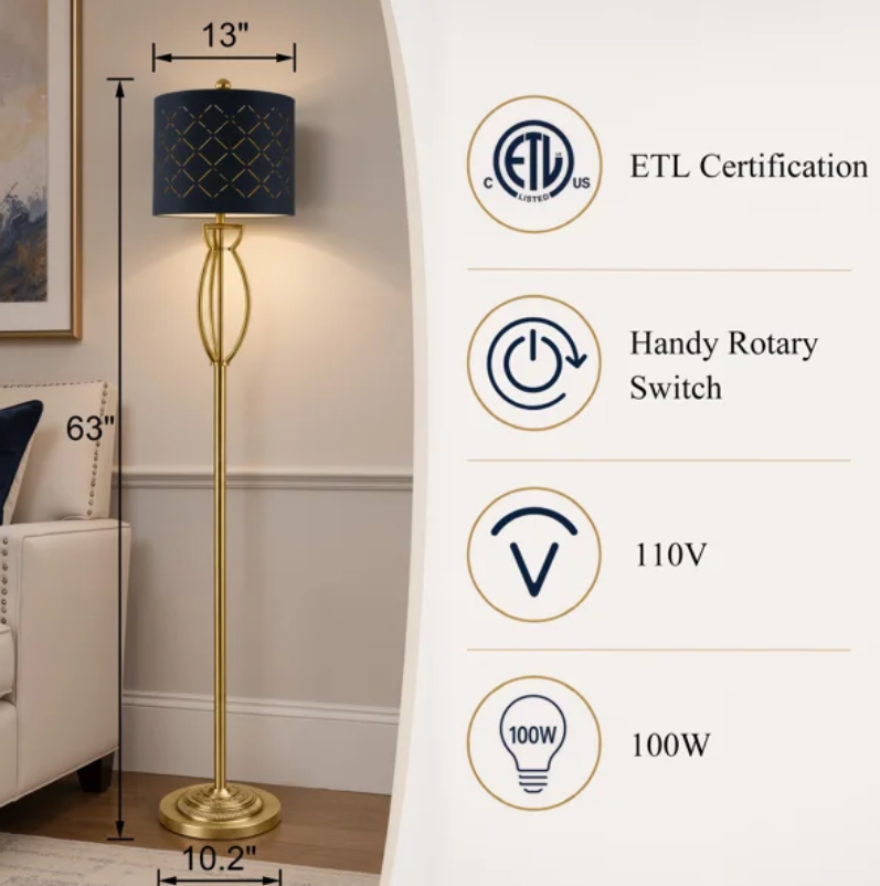 63" Modern Glam Metal Floor Lamp with Black Shade and Foot Switch #F274