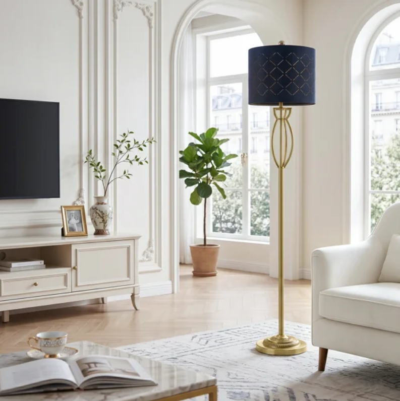 63" Modern Glam Metal Floor Lamp with Black Shade and Foot Switch #F274
