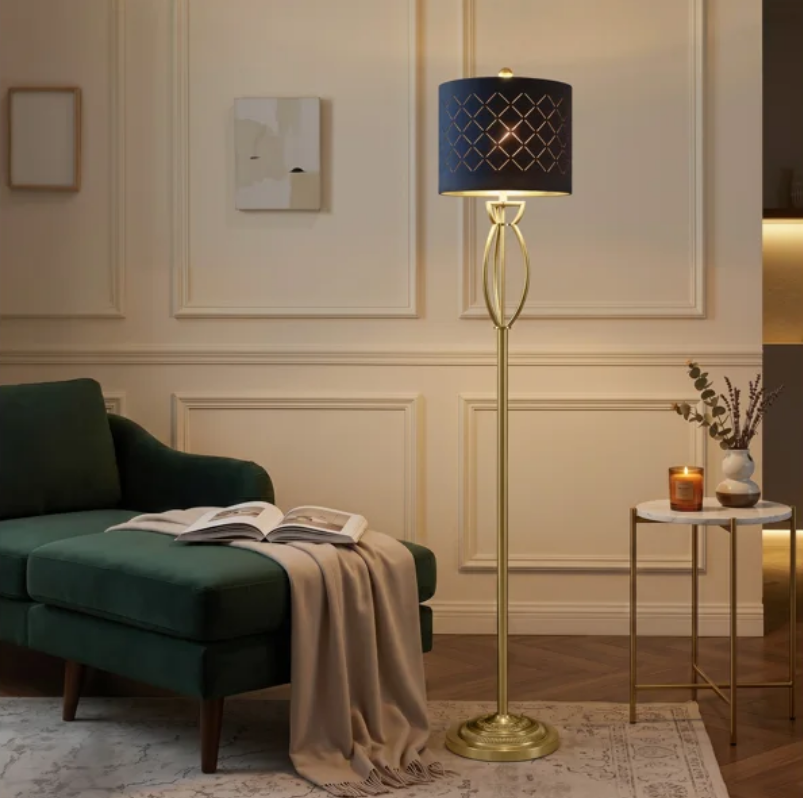 63" Modern Glam Metal Floor Lamp with Black Shade and Foot Switch #F274