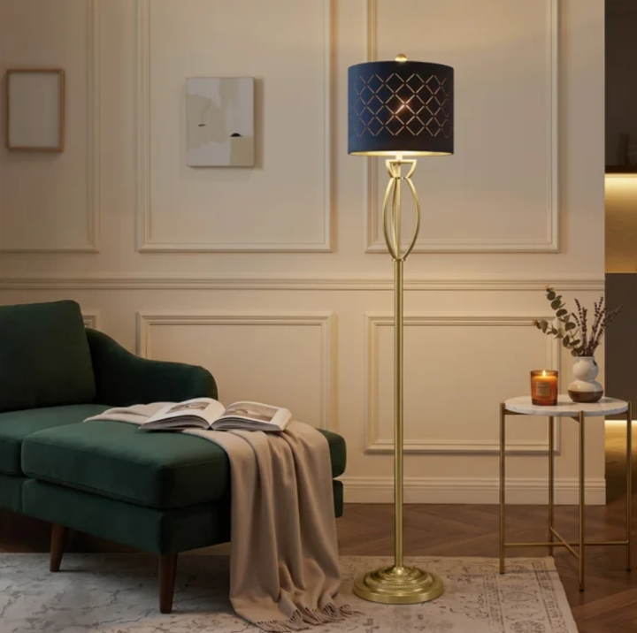 63" Modern Glam Metal Floor Lamp with Black Shade and Foot Switch #F274